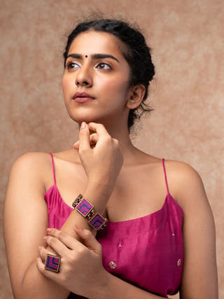 Pink Purple Kantha Repurposed Silk Fabric and Wood Bracelet