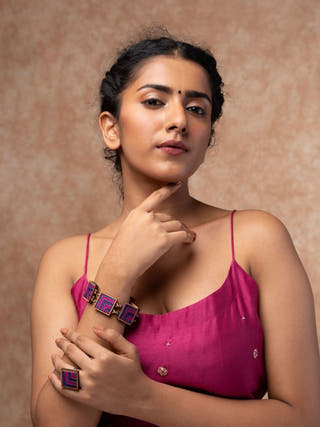 Pink Purple Kantha Repurposed Silk Fabric and Wood Bracelet