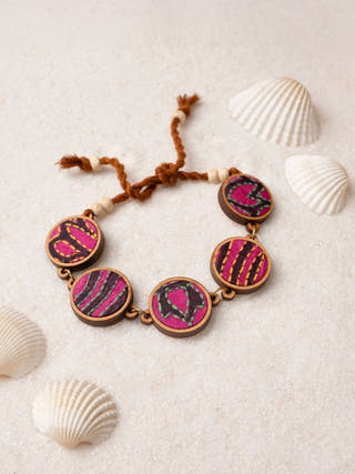 Multicolor Kantha Silk Fabric and Repurposed Wood Bracelet