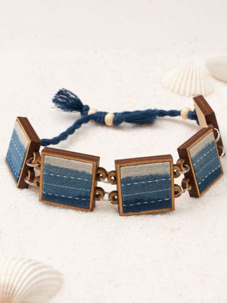 Shades of Indigo Blue Repurposed Fabric and Wood Square Bracelet