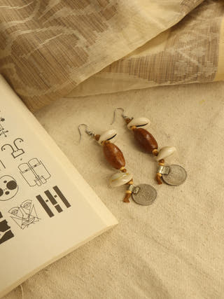 Handmade Tribal Shell Wood And Repurposed Coin Earring