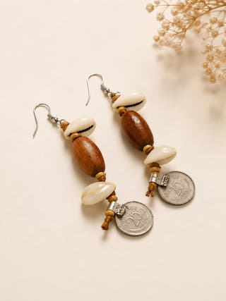 Handmade Tribal Shell Wood And Repurposed Coin Earring