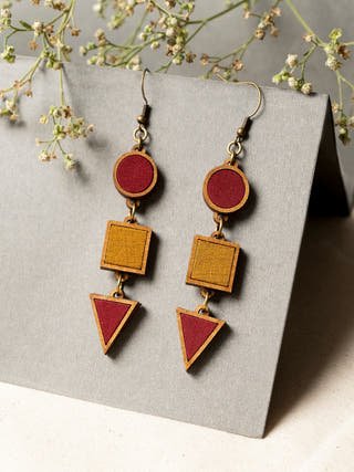 Red and Yellow Festive Repurposed Fabric and Wood Geometrical Earring