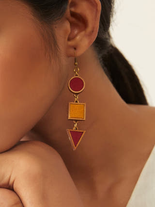 Red and Yellow Festive Repurposed Fabric and Wood Geometrical Earring