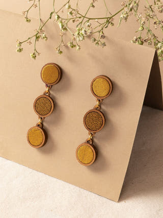 Yellow Festive Repurposed Fabric and Wood Round Earring