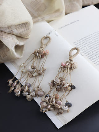 Long Layered Jute Shell Tassel Earring