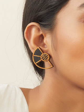 Black Geometrical Repurposed Fabric and Wood Earring