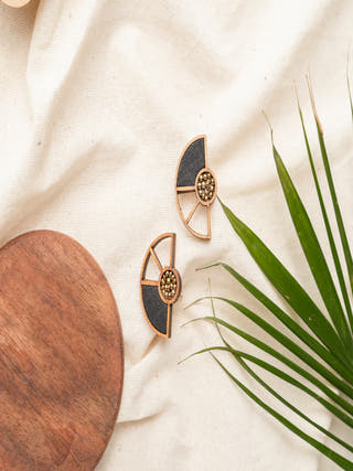 Black Geometrical Repurposed Fabric and Wood Earring