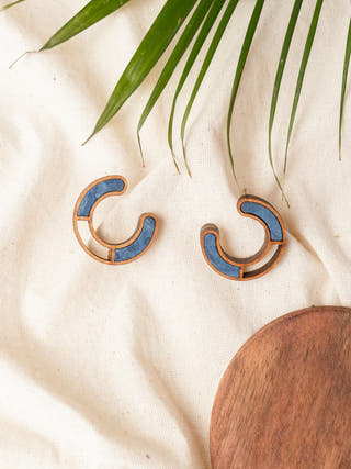Blue Compassion Repurposed Fabric and Wood Earring