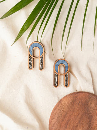 Blue Repurposed Fabric and Wood Earring with Glass Beads