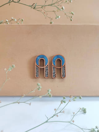 Blue Repurposed Fabric and Wood Earring with Glass Beads