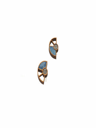 Blue Geometrical Repurposed Fabric and Wood Earring