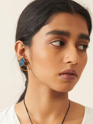 Blue Geometrical Repurposed Fabric and Wood Earring