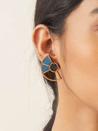 Blue Geometrical Repurposed Fabric and Wood Earring