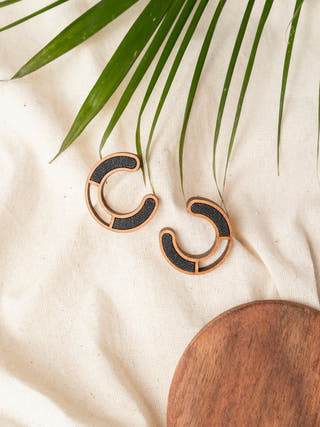 Black Compassion Repurposed Fabric and Wood Earring