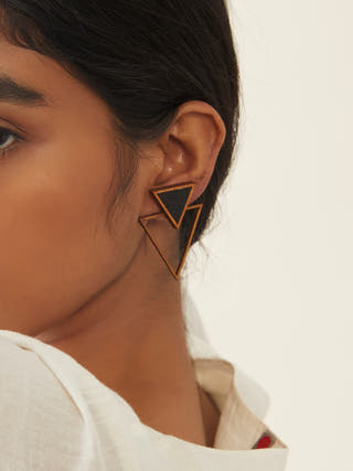 Black Two Look in One Repurposed Fabric and Wood Triangle Earring