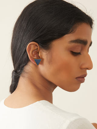 Blue Two Look in One Repurposed Fabric and Wood Triangle Earring