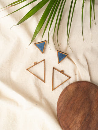 Blue Two Look in One Repurposed Fabric and Wood Triangle Earring