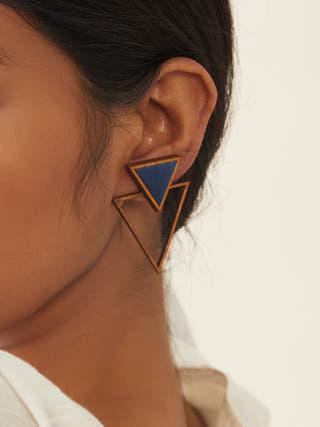 Blue Two Look in One Repurposed Fabric and Wood Triangle Earring