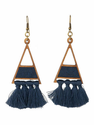 Blue Triangle Repurposed Fabric and Wood Earring with Tassels