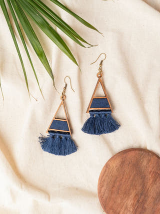 Black Triangle Repurposed Fabric and Wood Earring with Tassels