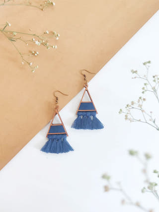 Black Triangle Repurposed Fabric and Wood Earring with Tassels