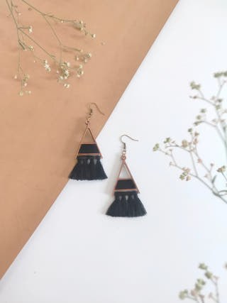 Black Triangle Repurposed Fabric and Wood Earring with Tassels