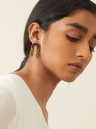 Black Repurposed Fabric and Wood Earring with Glass Beads