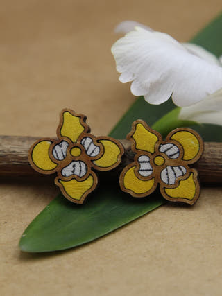 Yellow Bloom Repurposed Fabric and Wood Flower Stud