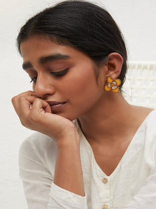 Yellow Bloom Repurposed Fabric and Wood Flower Stud