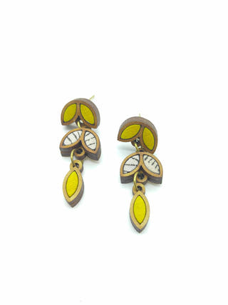 Yellow White Bloom Repurposed Fabric and Wood Leaf Dangler