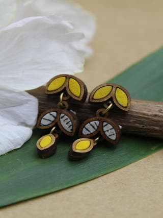 Yellow White Bloom Repurposed Fabric and Wood Leaf Dangler
