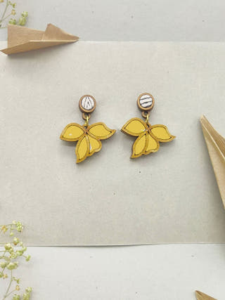 Yellow Bloom Repurposed Fabric and Wood Leaf Earring