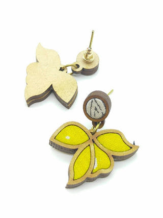 Yellow Bloom Repurposed Fabric and Wood Leaf Earring