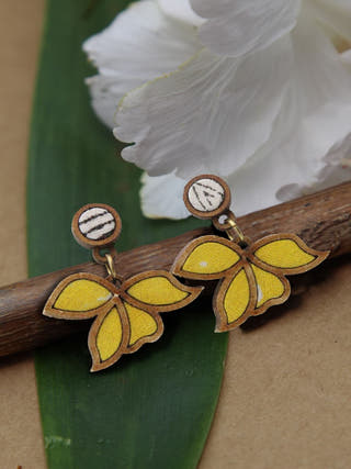 Yellow Bloom Repurposed Fabric and Wood Leaf Earring