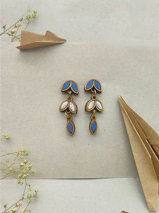Indigo White Bloom Repurposed Fabric and Wood Leaf Dangler
