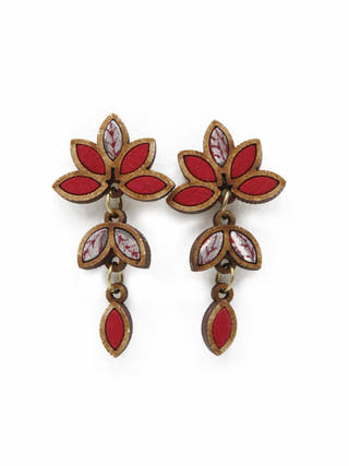 Red Grey Bloom Repurposed Fabric and Wood Leaf Dangler