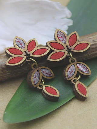 Red Grey Bloom Repurposed Fabric and Wood Leaf Dangler