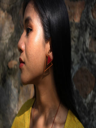 Maroon Two Look in One Repurposed Fabric and Wood Triangle Earring