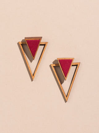 Maroon Two Look in One Repurposed Fabric and Wood Triangle Earring