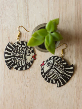 Tholu Fish - Black Leather Puppet Ear Rings