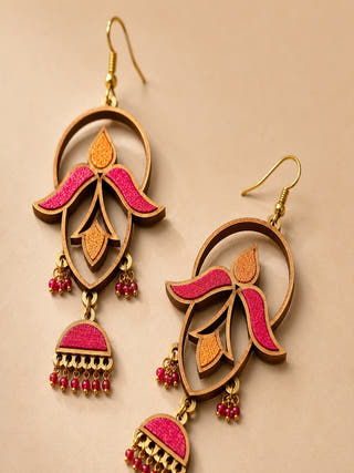 Pink and Orange Festive Repurposed Fabric and Wood Elaborate Danglers