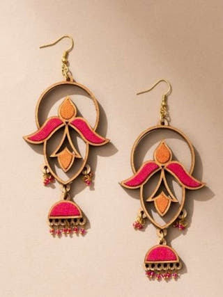 Pink and Orange Festive Repurposed Fabric and Wood Elaborate Danglers