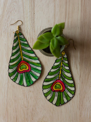 Peacock Feathers Leather Puppet Ear Rings