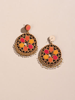 Wood Wheel Earrings Red And Orange WHE
