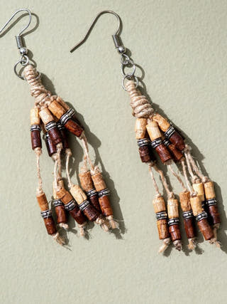 Multilayer Jute, Wooden Beads Earrings