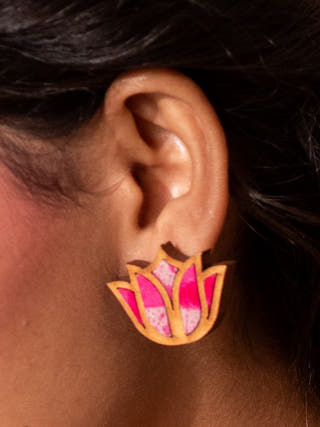 Shades of Pink Bloom Lotus Repurposed Fabric and Wood Earrings