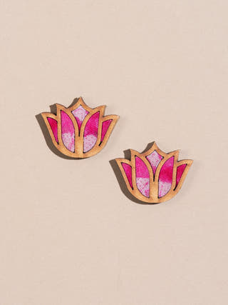 Shades of Pink Bloom Lotus Repurposed Fabric and Wood Earrings