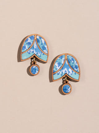Shades of Blue Bloom Repurposed Fabric and Wood Stud Earrings