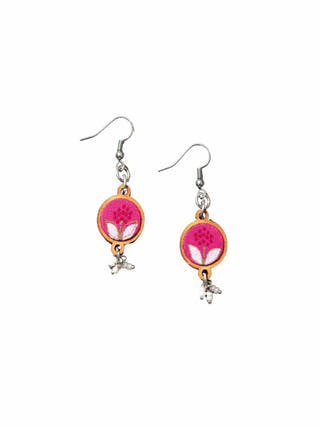 Pink Repurposed Fabric and Wood Flower Earrings